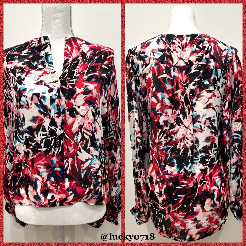 Parker Black & Red Floral V- Neck Silk Blouse Sz S